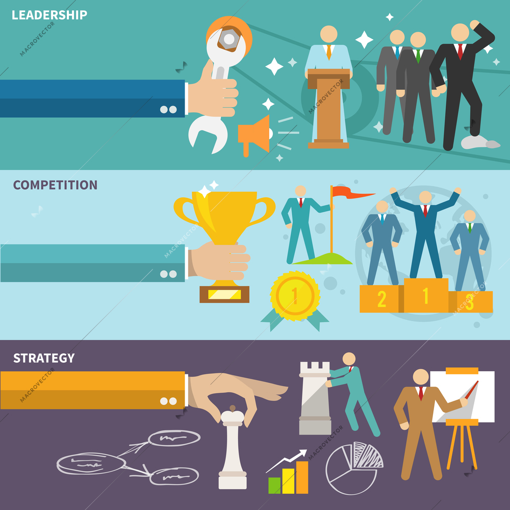 Leadership flat banners set with competition strategy isolated vector illustration