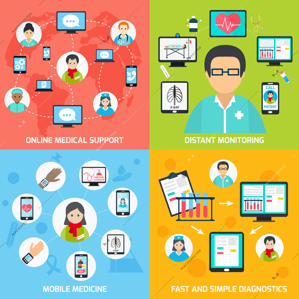 Mobile health online medical support distant monitoring flat set isolated vector illustration