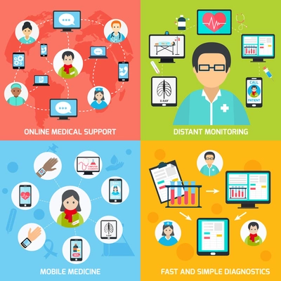 Mobile health online medical support distant monitoring flat set isolated vector illustration