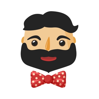 Male hipster character face with beard and spotted red bow tie flat icon vector illustration