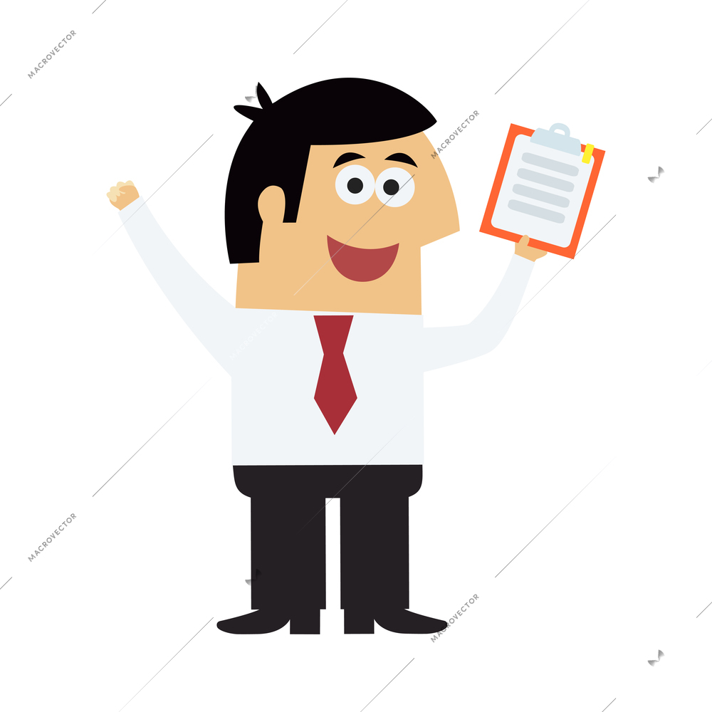 Flat character of cheerful businessman holding clipboard vector illustration