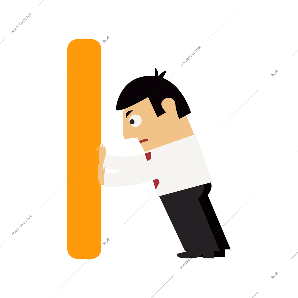 Male office manager pushing orange wall flat vector illustration