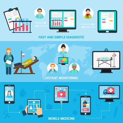 Mobile health distant monitoring line banners set isolated vector illustration