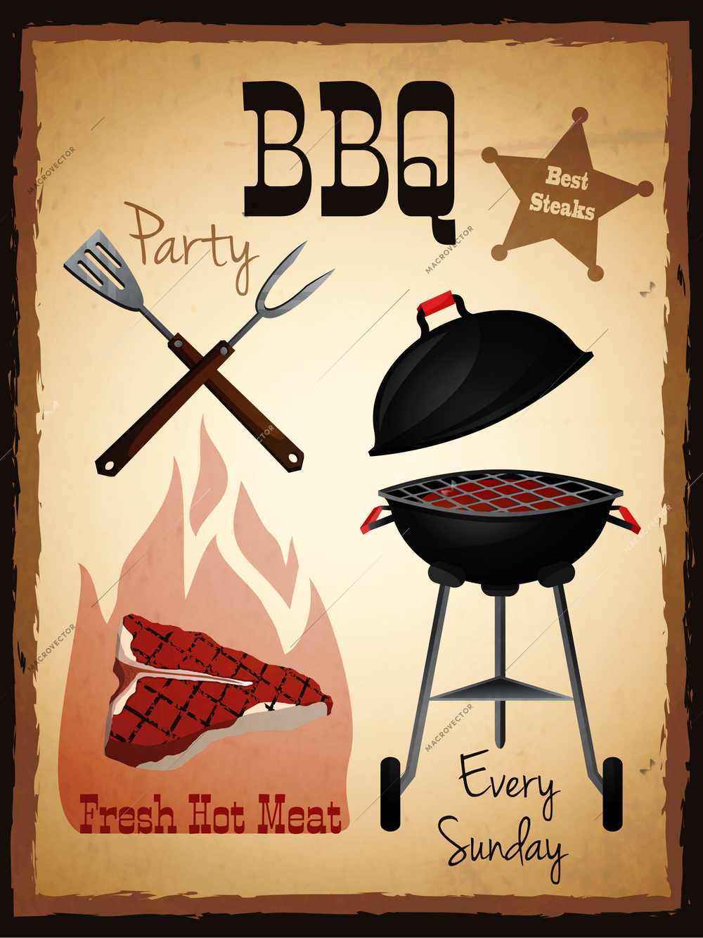 Bbq party fresh hot meat best steaks grill menu advertising poster vector illustration.