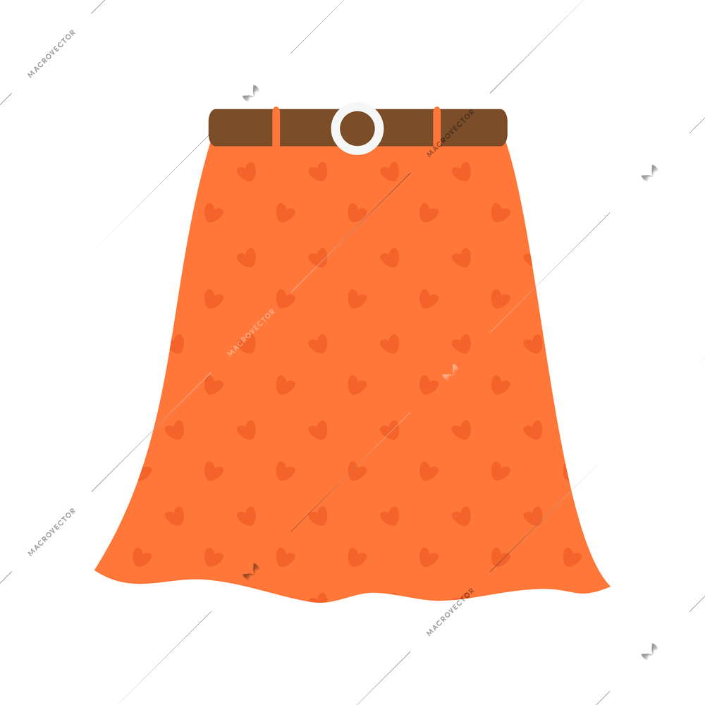 Flat icon with orange summer skirt with hearts pattern and belt vector illustration