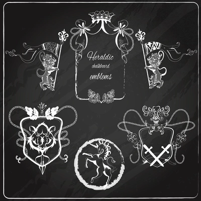 Heraldic chalkboard crest shield and insignia emblems set with swords lions unicorns isolated vector illustration