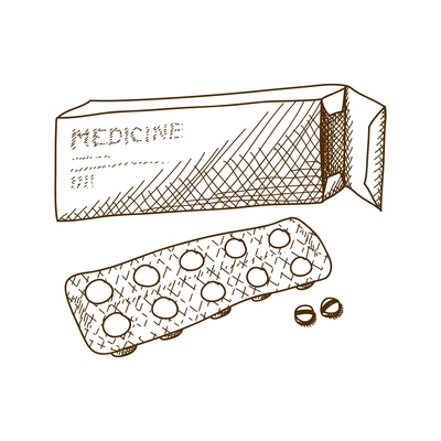 Hand drawn package and blister with medical pills vector illustration