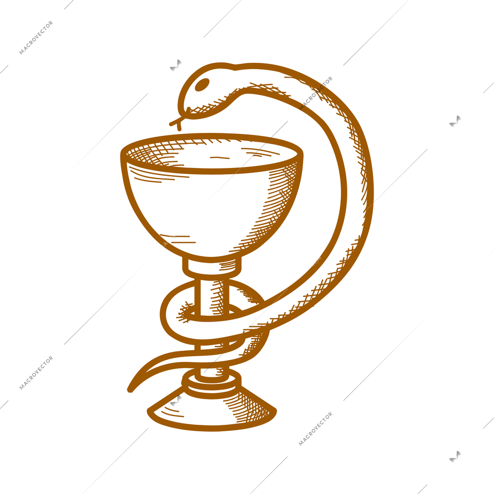 Hand drawn medical symbol with bowl of hygieia and snake vector illustration