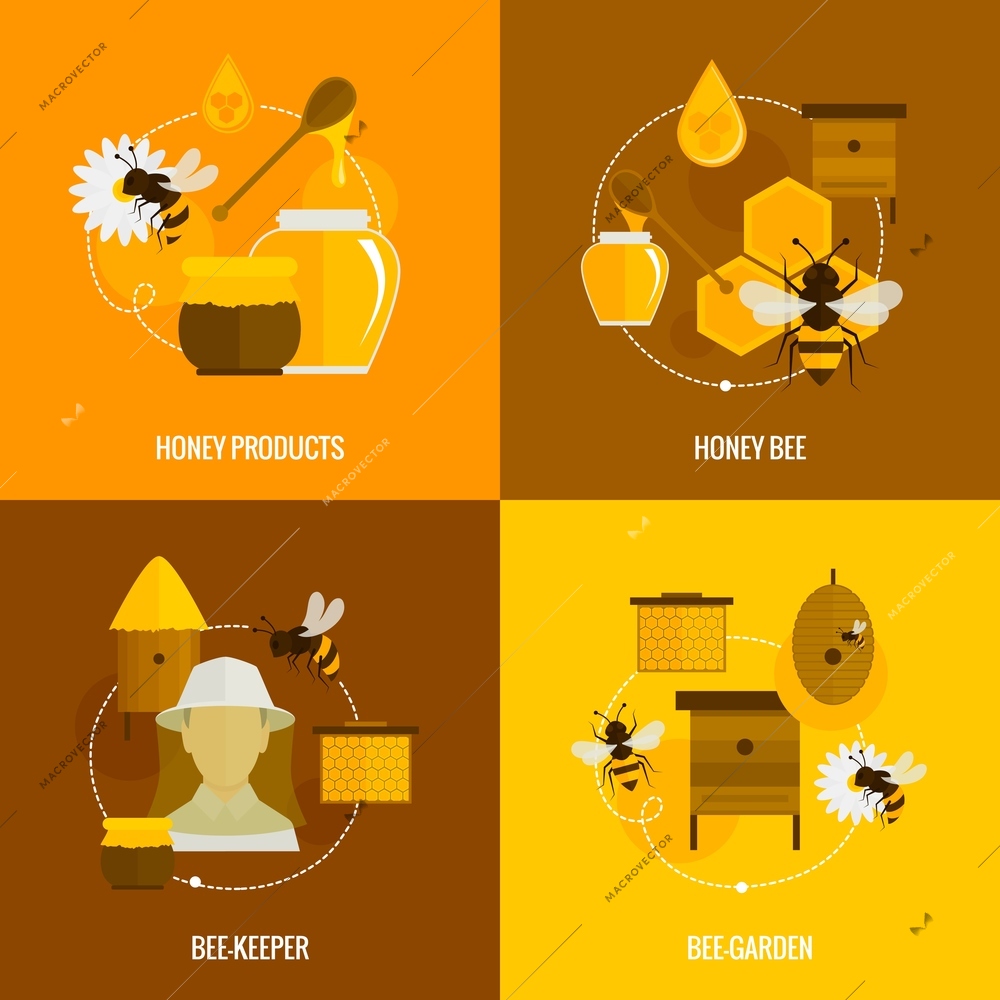 Bee honey icons flat set with products bee-keeper garden isolated vector illustration