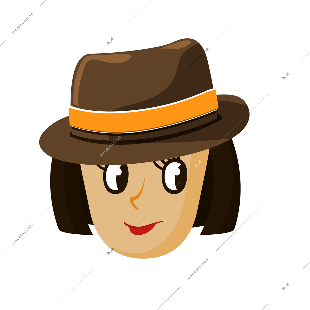 Flat icon with face of hipster girl wearing brown fedora hat vector illustration