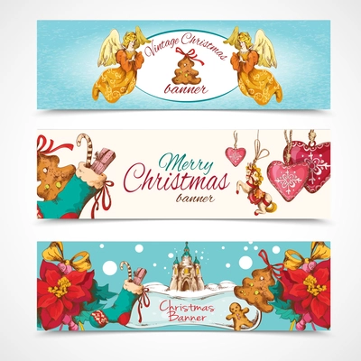 Vintage merry christmas new year holiday sketch horizontal banner colored set isolated vector illustration