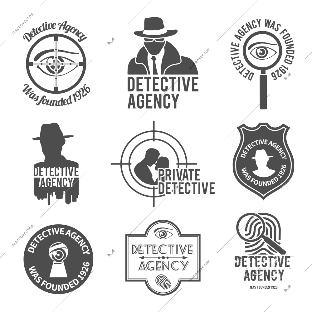 Police private premium detective agency black labels badges and stamps set isolated vector illustration