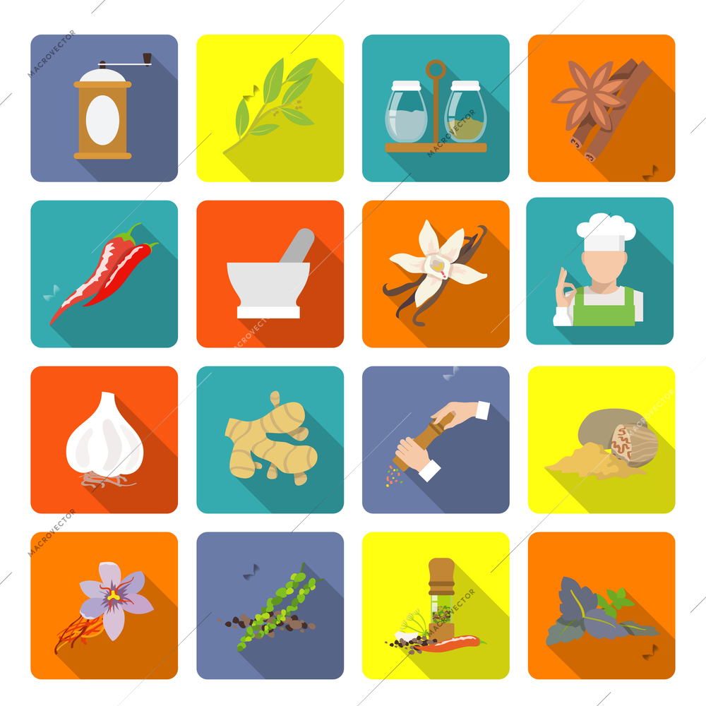 Herbs and spices flat icons set of ginger cinnamon mortar and pestle isolated vector illustration