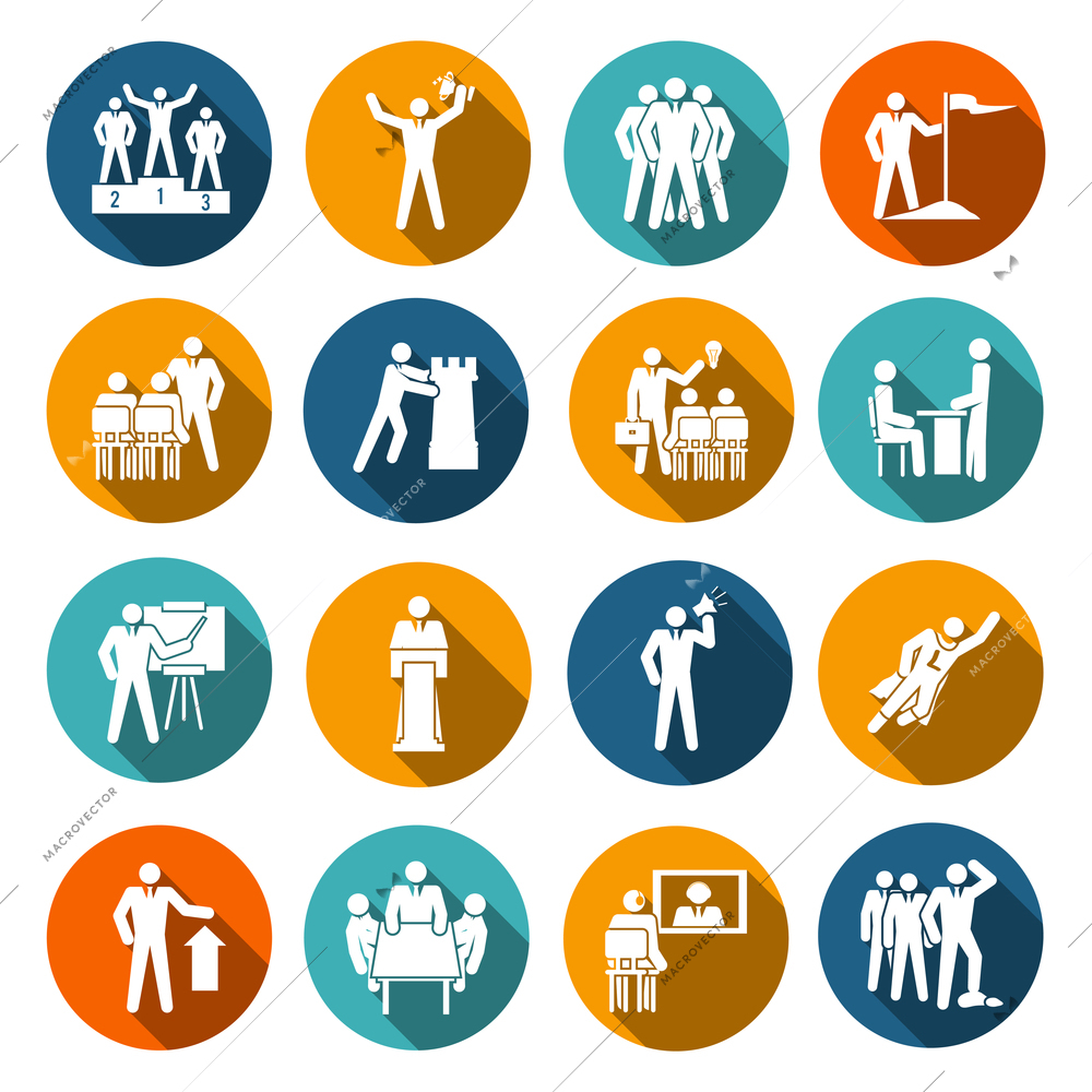 Leadership flat icons set with conference manager report planning isolated vector illustration