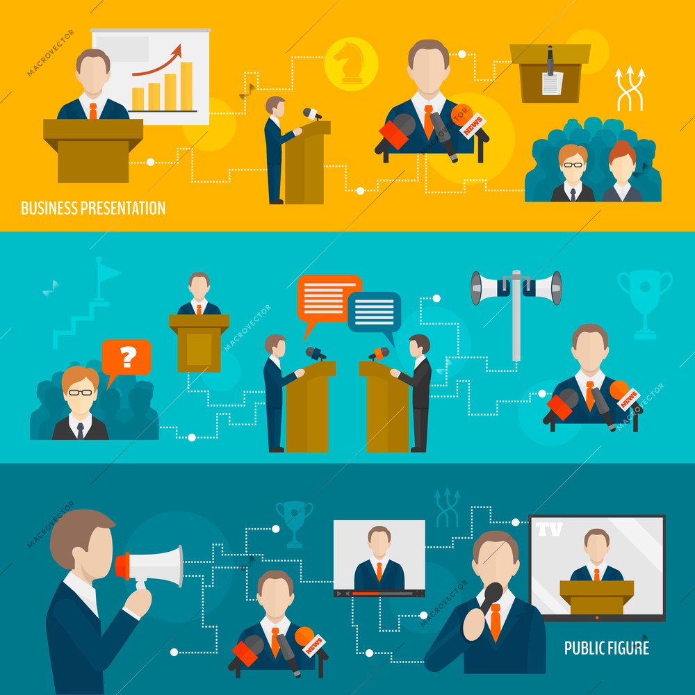 Public speaking banner set of business presentation public figure isolated vector illustration