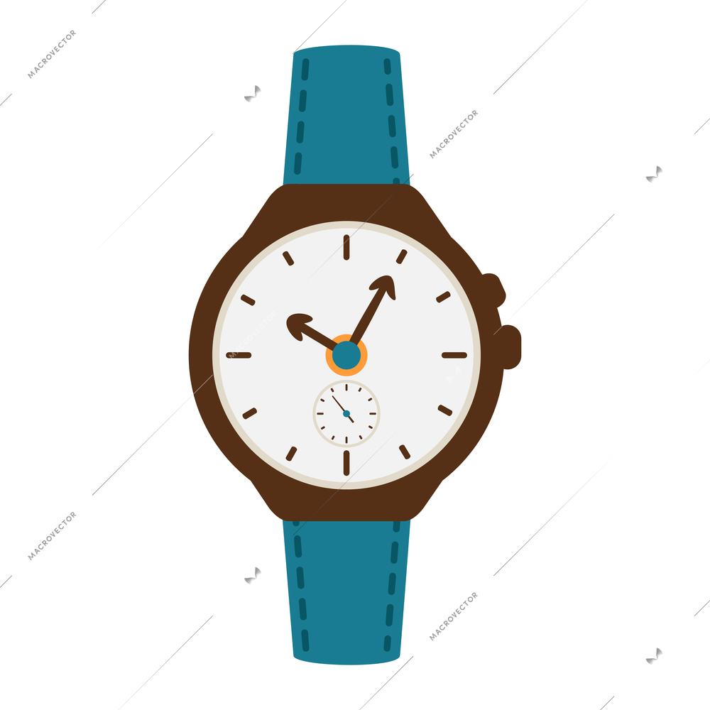 Front view watch with blue leather bracelet flat icon vector illustration