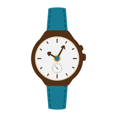 Front view watch with blue leather bracelet flat icon vector illustration