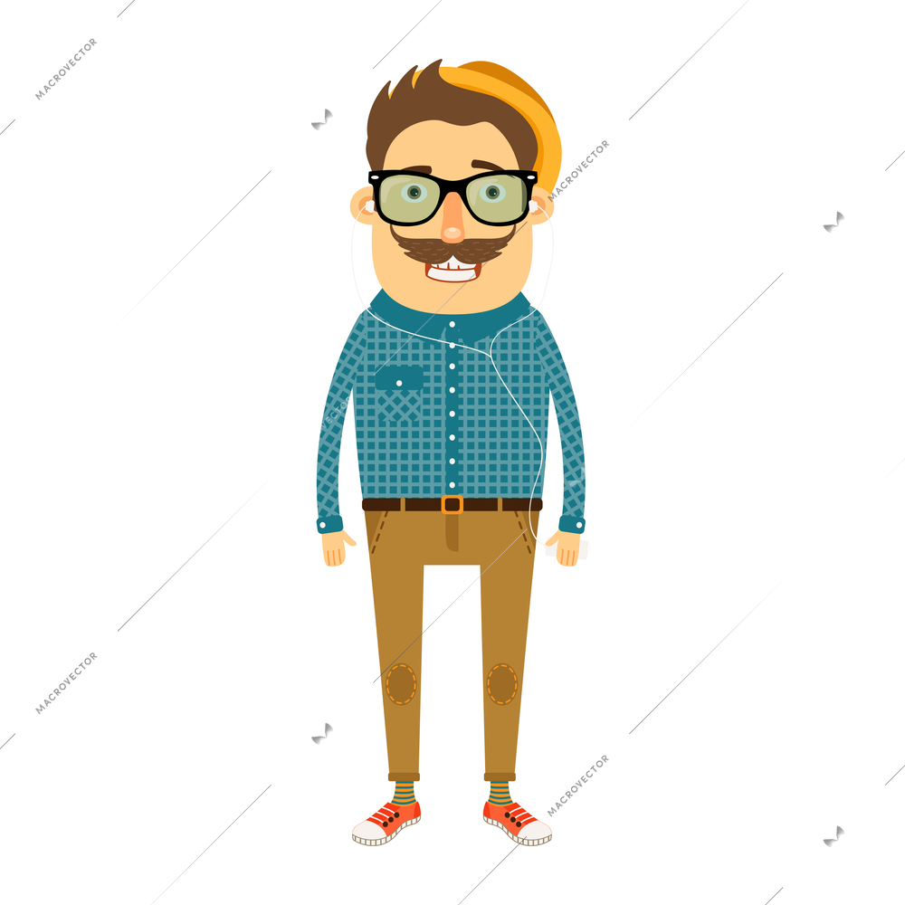 Flat hipster geek boy wearing glasses hat listening to music vector illustration