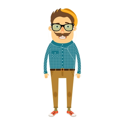 Flat hipster geek boy wearing glasses hat listening to music vector illustration