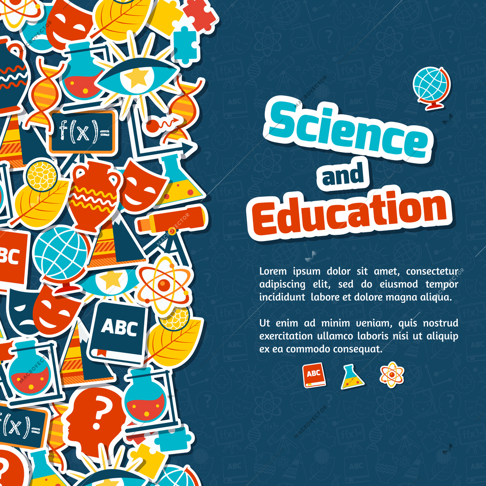 Science and education areas colored paper stickers set on blue background vector illustration