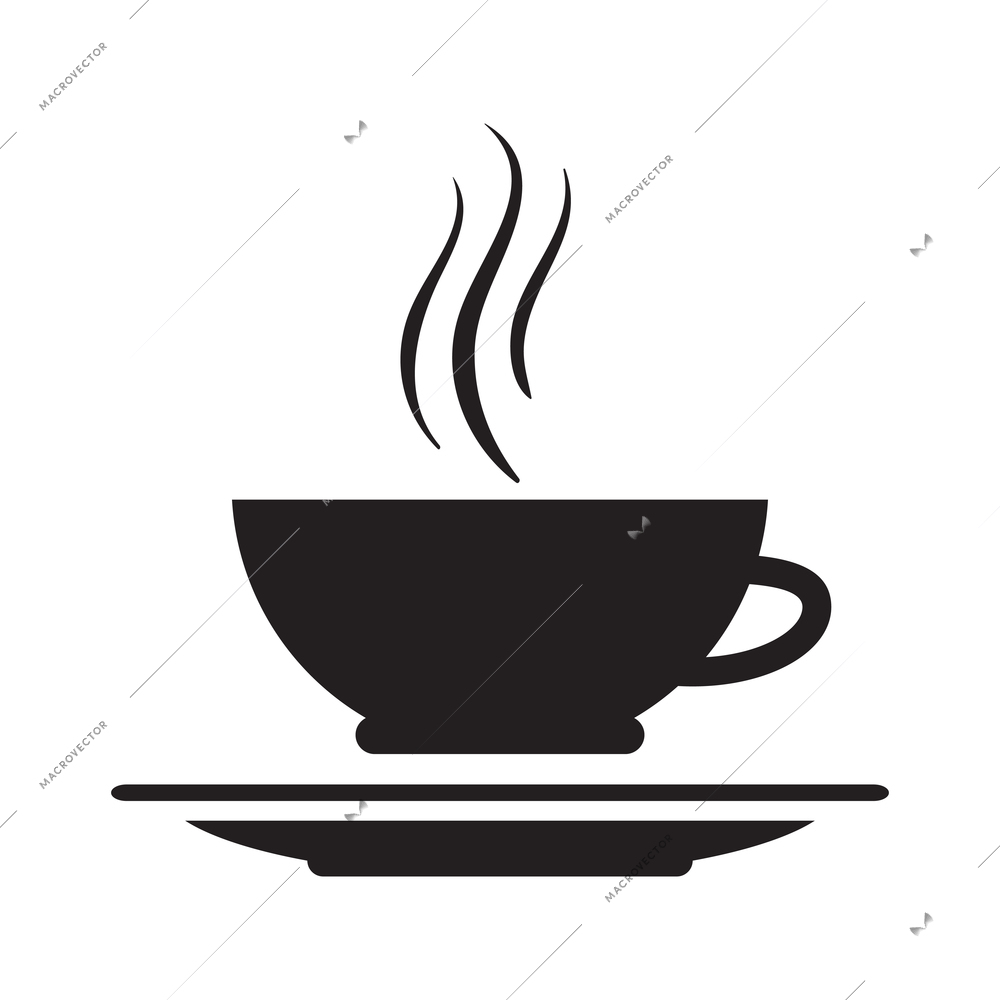 Cup of hot drink on saucer flat silhouette vector illustration