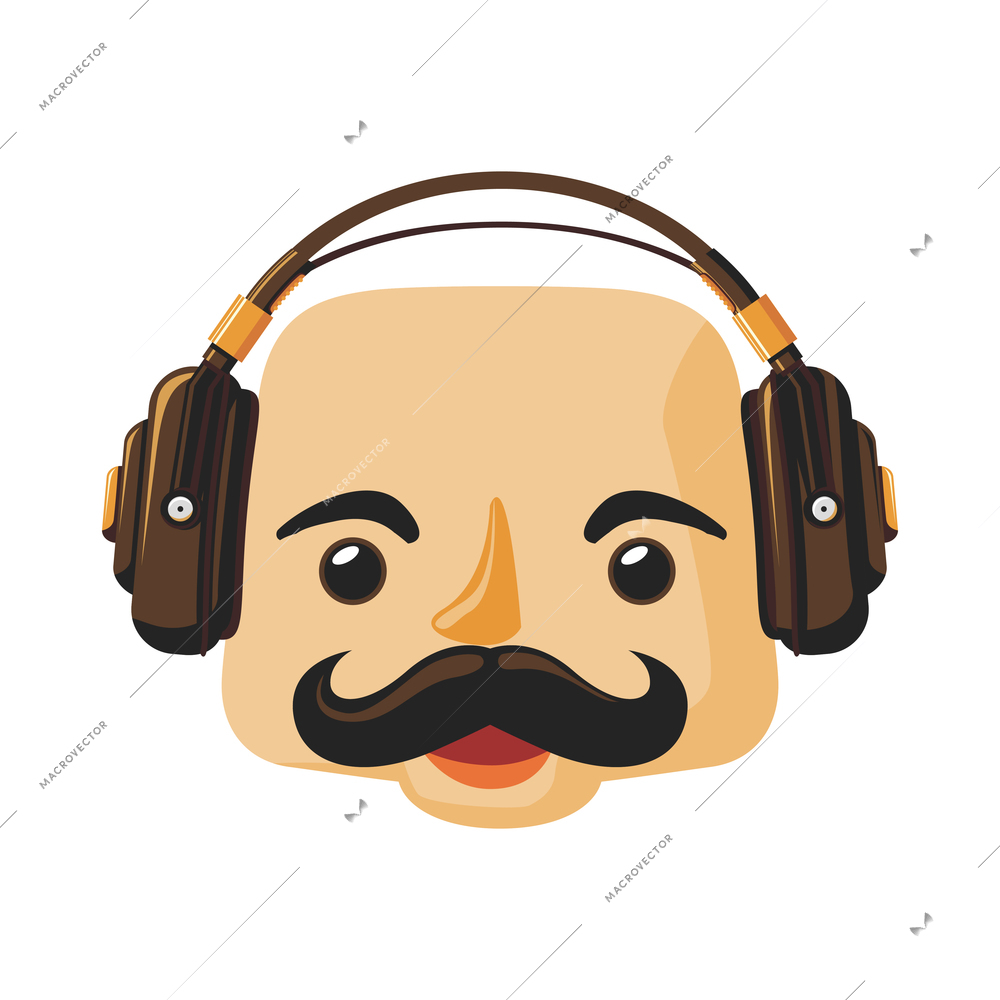 Bald hipster man face with curly moustache and headphones flat icon vector illustration