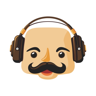 Bald hipster man face with curly moustache and headphones flat icon vector illustration