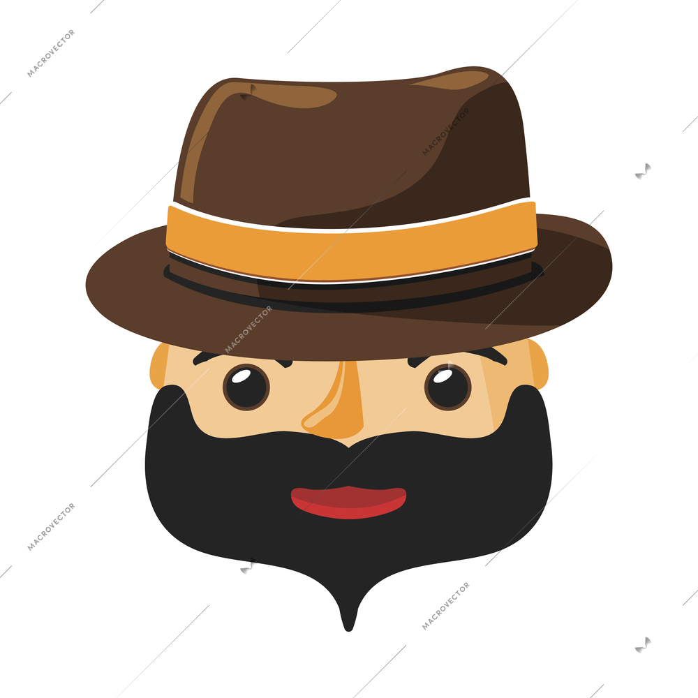 Male hipster character with dark beard and hat flat icon vector illustration