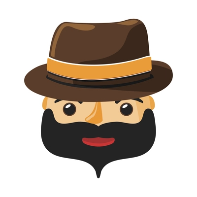 Male hipster character with dark beard and hat flat icon vector illustration