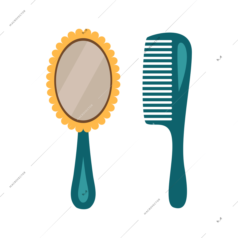 Flat icon with color hair comb and hand mirror isolated vector illustration