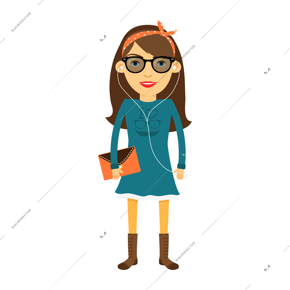 Hipster nerd girl in dress headband with headphones glasses and handbag flat vector illustration