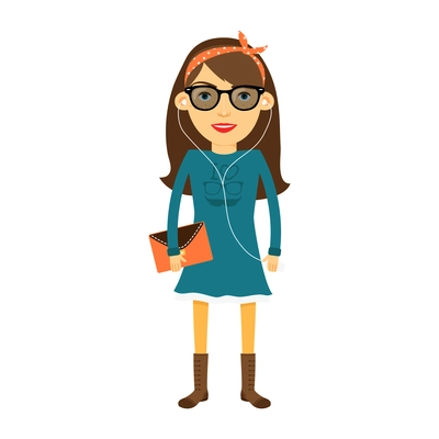 Hipster nerd girl in dress headband with headphones glasses and handbag flat vector illustration