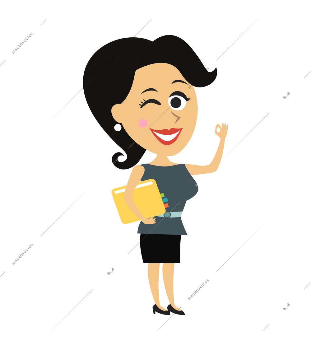 Flat icon with winking successful businesswoman holding agenda vector illustration