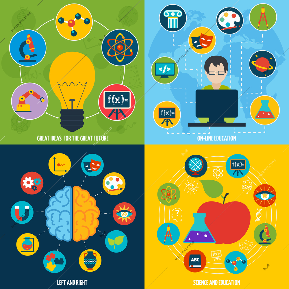 Science flat icons education set with on-line education ideas isolated vector illustration
