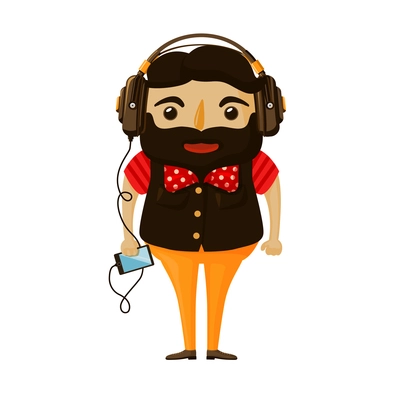 Hipster boy with beard wearing bright clothing listening to music flat vector illustration