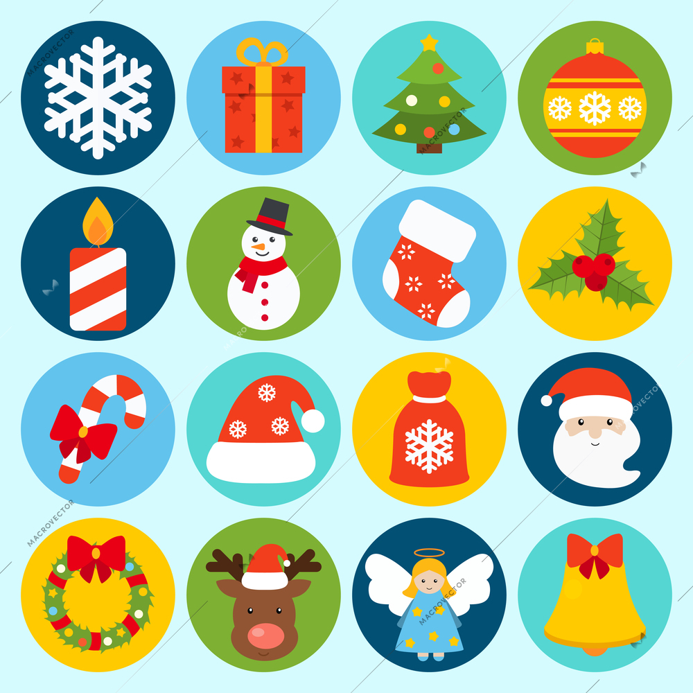 Christmas holiday decoration icons set with snowflake gift box pine tree isolated vector illustration