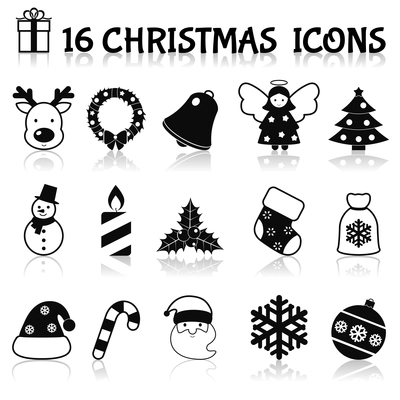 Christmas holiday decoration black icons set with deer wreath bell angel isolated vector illustration