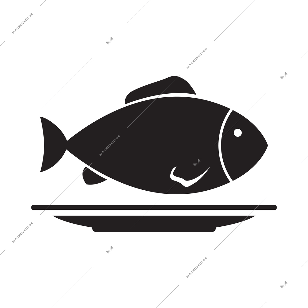 Flat black icon with fish on plate isolated vector illustration