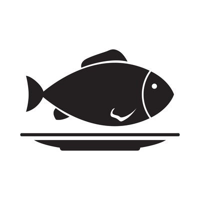 Flat black icon with fish on plate isolated vector illustration