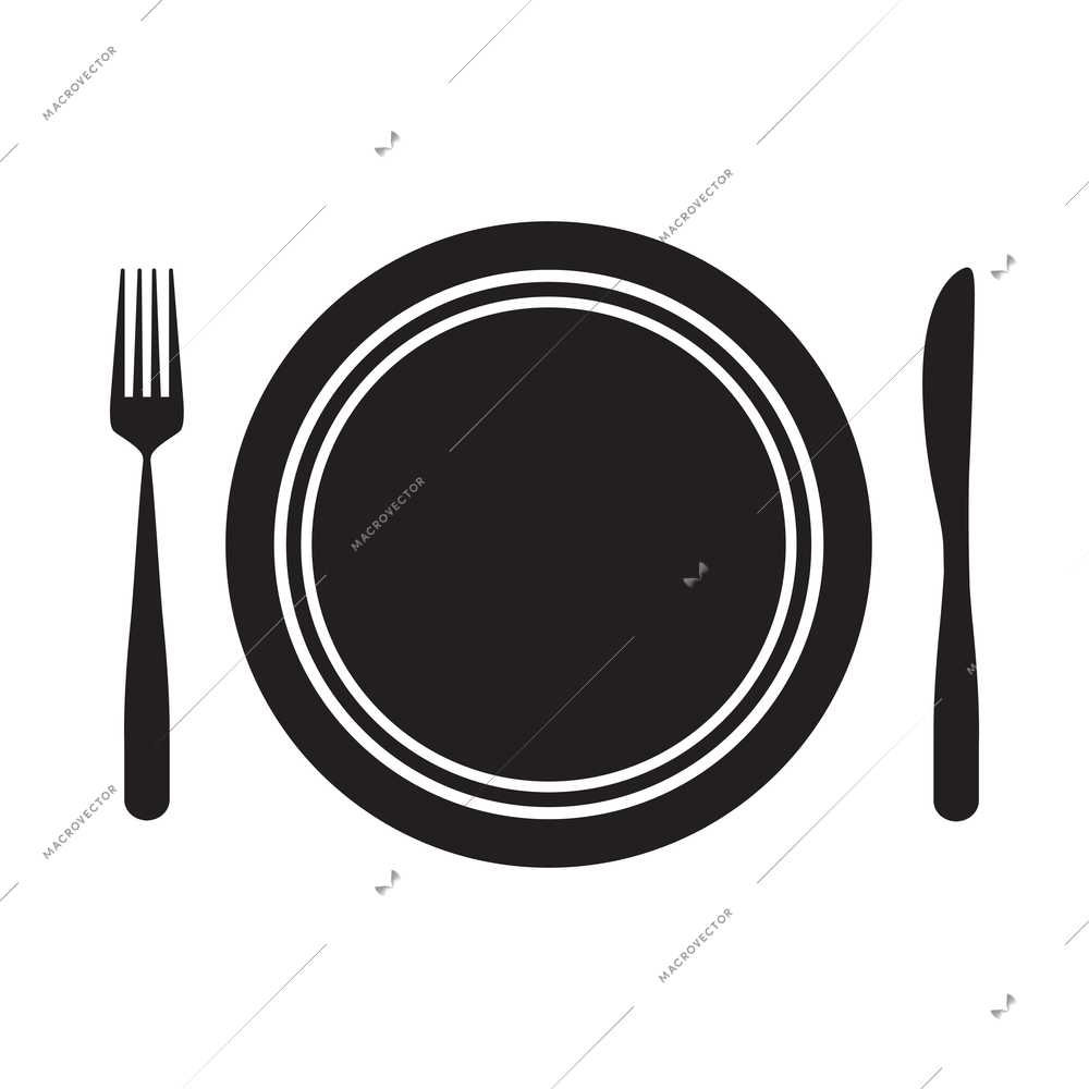 Restaurant flat icon with black plate fork and knife isolated vector illustration