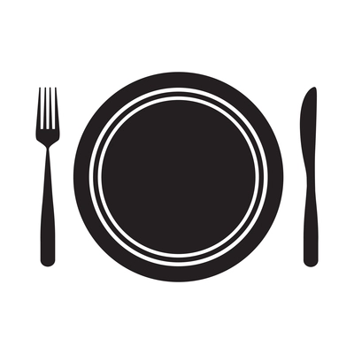 Restaurant flat icon with black plate fork and knife isolated vector illustration