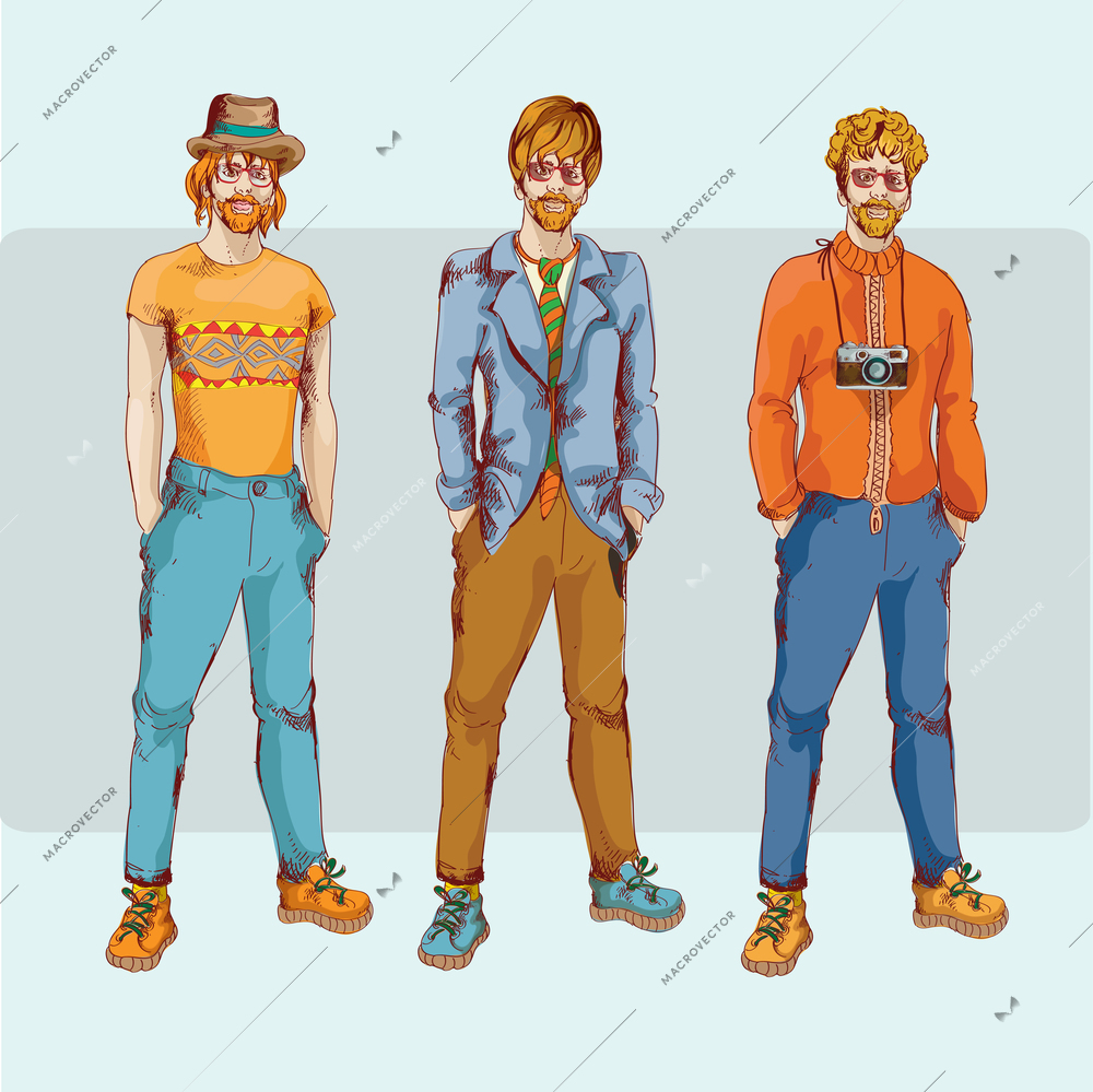 Hipster urban fashion trendy men boys colored sketch character set vector illustration