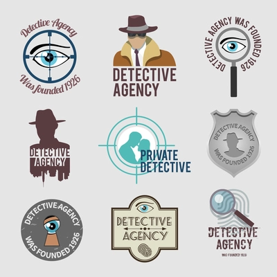 Police private detective agency labels badges and stamps set isolated vector illustration