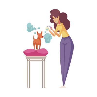 Grooming flat composition with character of girl spraying parfume on her little dog vector illustration