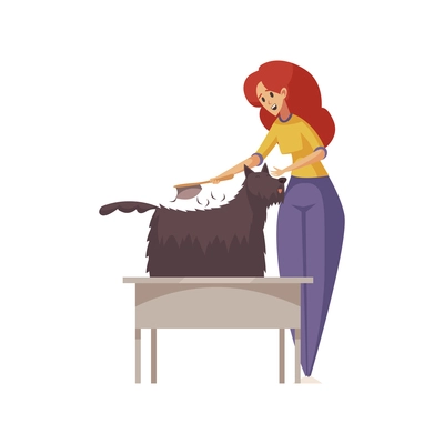 Grooming flat composition with character of woman combing out hairy dog vector illustration