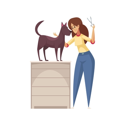 Grooming flat composition with dog standing on cabinet and woman holding scissors vector illustration