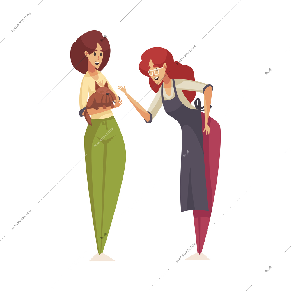Grooming flat composition with characters of two women with dog vector illustration