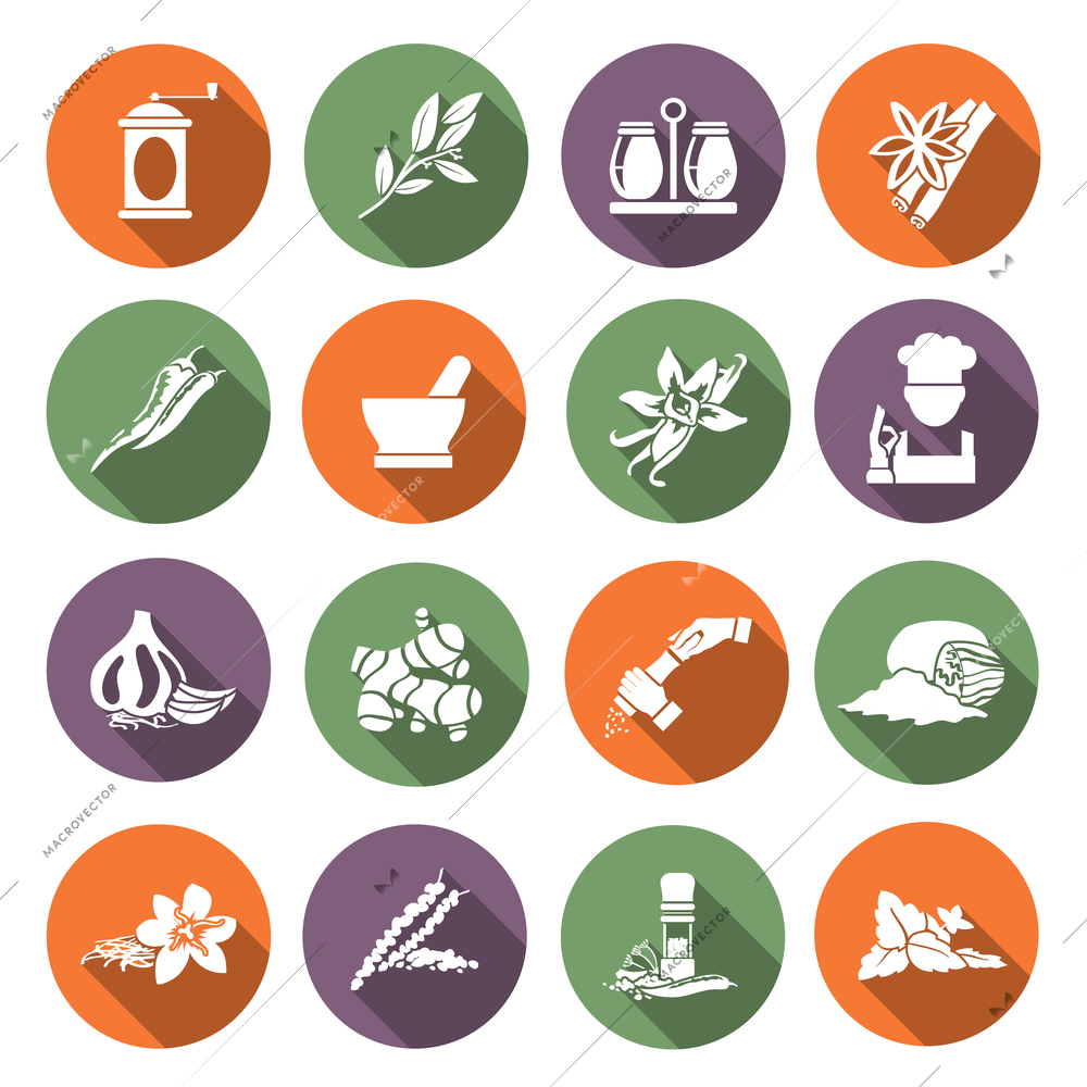 Herbs and spices flat icons set of chef cook culinary ingredients isolated vector illustration