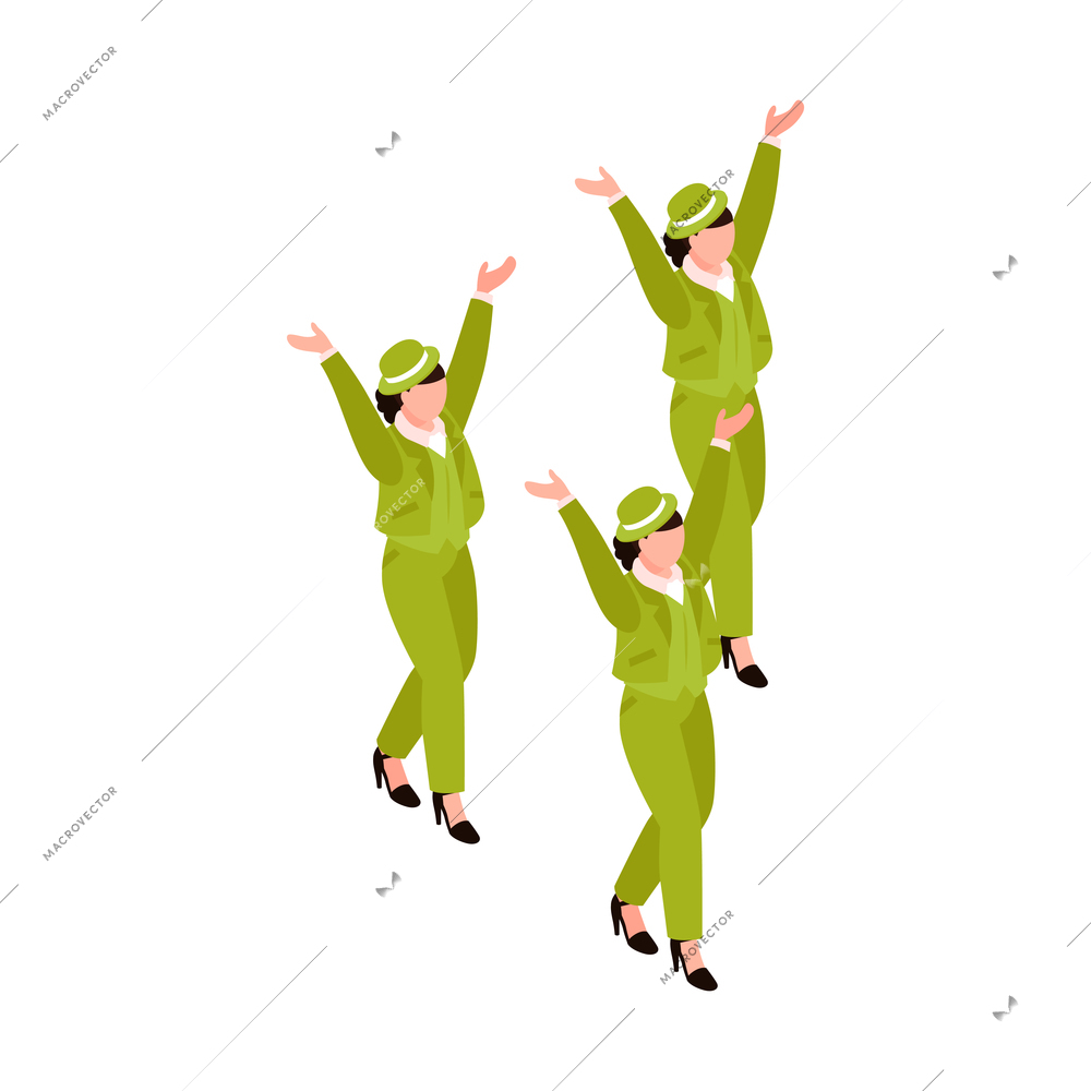 Isometric talent show tv program composition with characters of three women in hats dancing together vector illustration