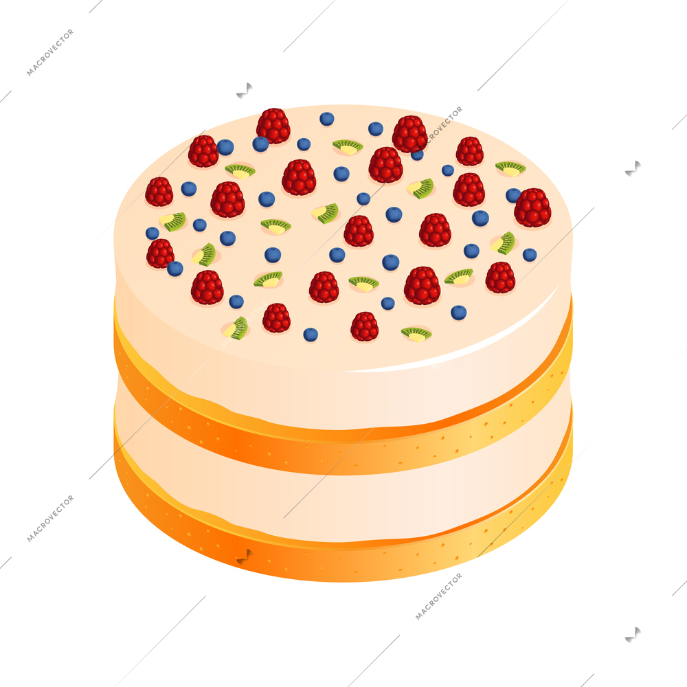 Isometric anniversary cake composition with isolated image of sweet cake with berry topping vector illustration